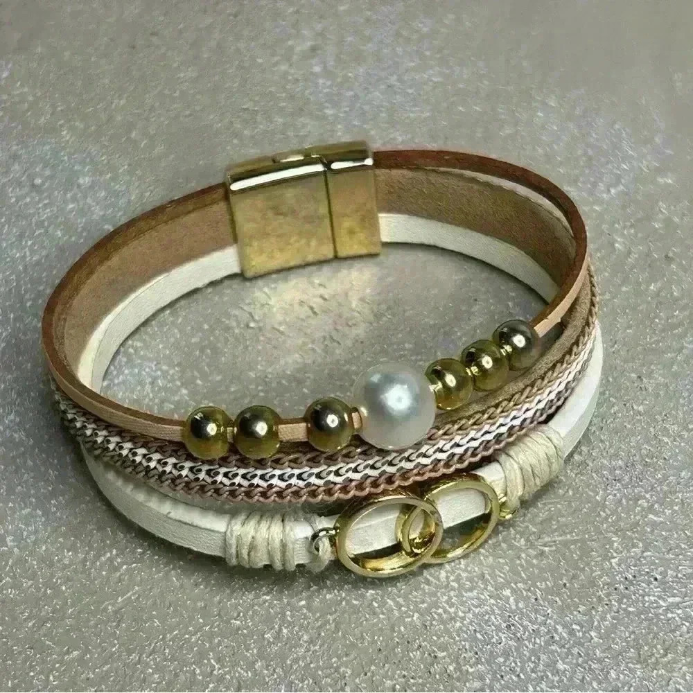 Layered Leather with Gold Tone and Faux Pearl Accents Metal Clasp Bracelet